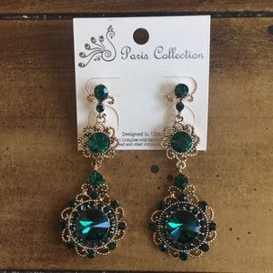 Costume earrings - gold with green rhinestones.